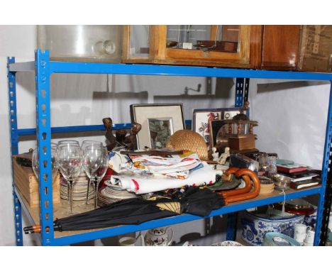 Collection of part tea wares, grinder, wicker wares, linens, umbrellas, etc.