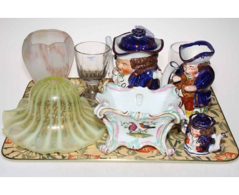Vaseline glass light shade, Allerton toby teapot, milk jugs and miniature teapot, two 19th Century glasses, Meissen dish and 