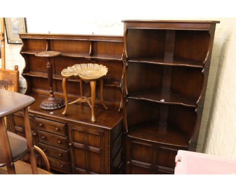 Ercol Old Colonial seven piece dining suite comprising shelf back dresser, open topped corner cabinet, rectangular dining tab