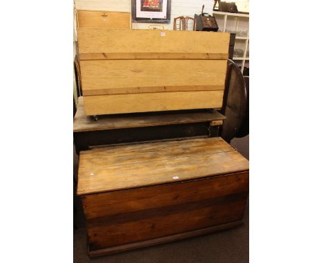 Victorian pine turned leg table with attached vice, large trunk and portable storage box (3).