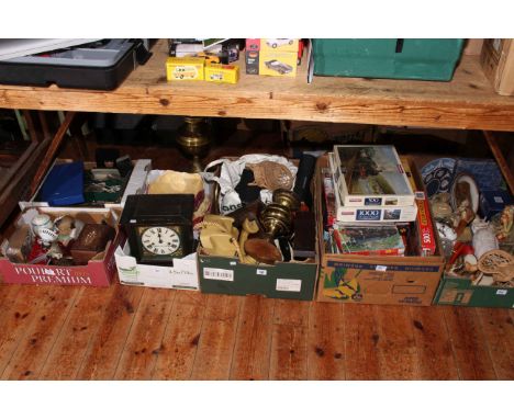 Collection of porcelain, jigsaw puzzles, oil lamps, cutlery, mantel clock, etc.