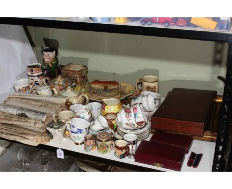 Optical lenses in case, Royal Doulton, vintage newspapers, cat chrystoleum, mother of pearl vanity set, etc.