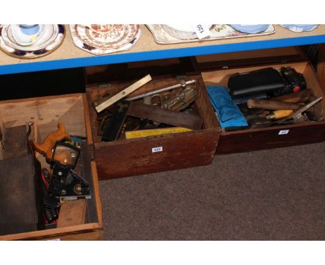 Three chest boxes of vintage tools including planes.
