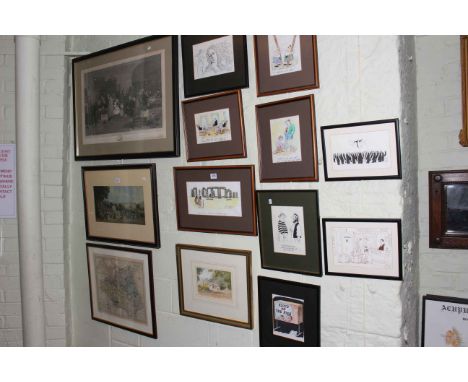 Collection of nine framed Cluff prints, watercolour 'By Whortlon Bridge', Durham map print, two framed prints and dog bed (14