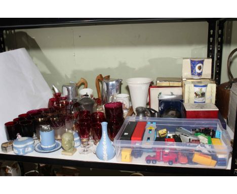 Diecast model vehicles, Ringtons, Picquot ware, ruby glass, etc.
