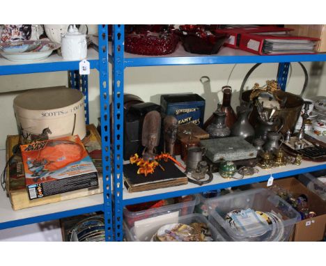 Collection of metalwares, cigarette cards, mantel clock, Action Man, Lego, barometer, etc.