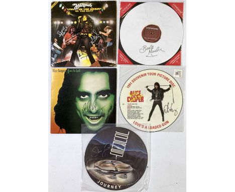 Five records: Journey picture disc 12" signed by Steve Smith, 1991 Alice Cooper 12" picture disc signed by Alice Cooper, Alic