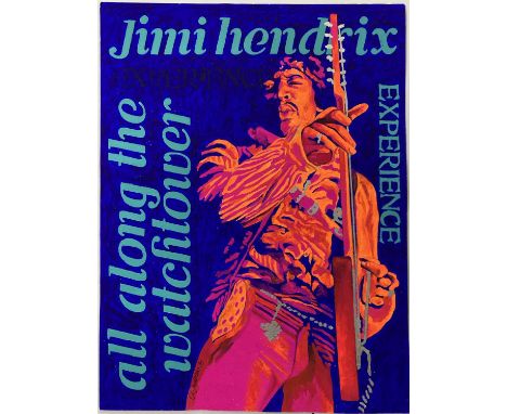 An original hand-painted work of art by John Judkins depicting Jimi Hendrix. Measures approx 22 x 28". Signed by the artist.