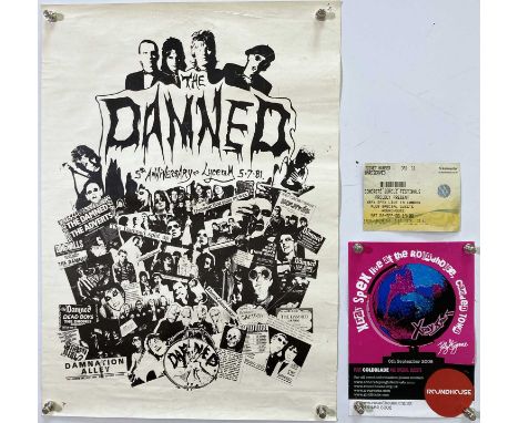 A Damned poster '5th Anniversary Lyceum' 1981. Measures 36 x 50.5cm. Pin holes. An X-Ray Spex 2008 ticket and advert cutting.