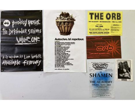 Seven posters chiefly c 1990s: Trans Global Underground (30 x 40", folded), Autechre promo (20 x 30"), Bomb The Bass, The Orb