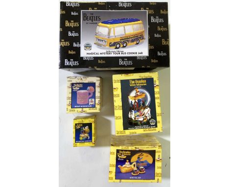 Five boxed collectables by Vandor including Magical Mystery Tour Bus Cookie Jar, Mini Tea Set, Nowhere Man Limoge Box, Yellow