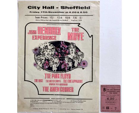 An original handbill advertising two concerts at Sheffield City Hall on 17th November 1967 with Jimi Hendrix, The Pink Floyd,