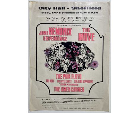 An original handbill advertising two concerts at Sheffield City Hall on 17th November 1967 with Jimi Hendrix, The Pink Floyd,