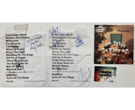 OASIS / BEADY EYE SIGNED. Four pieces of signed memorabilia to include: A copy of the 'Im Outta Time Remixes' 7'' single sign