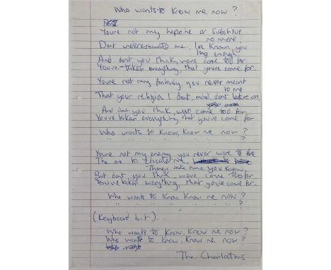 A lined page of A4 paper with handwritten lyrics for The Charlatans - 'Who Wants To Know Me Now?', in the hand of Tim Burgess