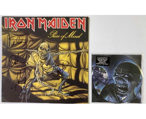 Iron Maiden signed items to include: Piece of Mind LP (EMA 800) signed to front of sleeve by band members: Nicko McBrain, Ste