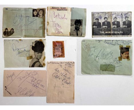 Six pages from c 1960s autograph books, a signed postcard and a ticket stub, Signed pages to inc: Bo Diddley/Cilla Black (sam