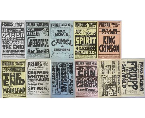 Eleven original handbills/newsletters for events at the Friars Club, Aylesbury. To include: King Crimson, Fruupp, Spirit, Mar