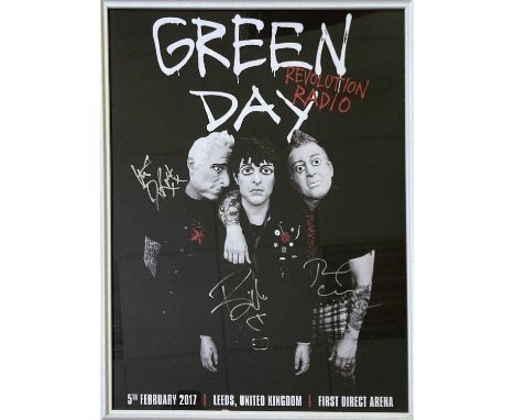 A Green Day 'Revolution Radio' poster, framed and glazed, obtained in 2017 at the Leeds concert. Signed by Billie Joe Armstro