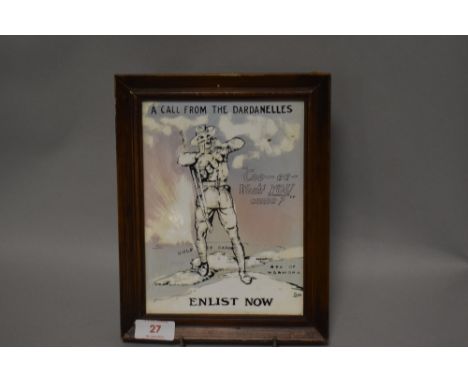 A KS ceramic tile with military imagery A call from the Dardanelles, Enlist Now.
23cm x 18cm, in good condition.&nbsp;