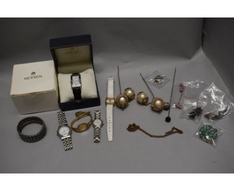 Costume jewellery including a Victorian pram style trinket, two hat pins and wristwatches.