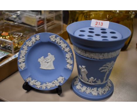 Two vintage pieces of Wedgwood Jasperware in a pale blue including small dish and a small rose bud vase.