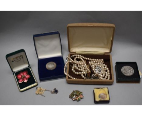 Costume jewellery including simulated pearls, enamel brooch and collectable coins.