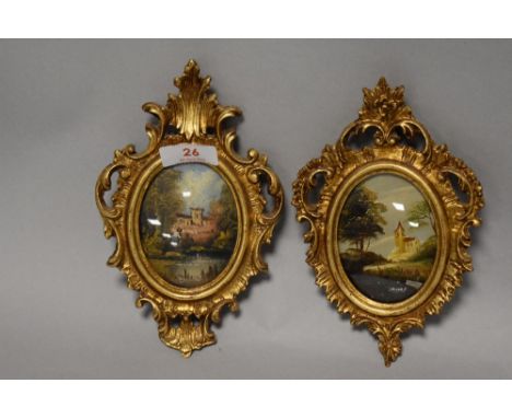 Two vintage miniature Italian oil paintings in gilt and gesso style frames.
