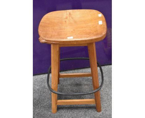 Workshop of Robert Mouseman Thompson (Kilburn) Burr Oak Bar Stool, on four octagonal legs joined by rail stretchers, with wro