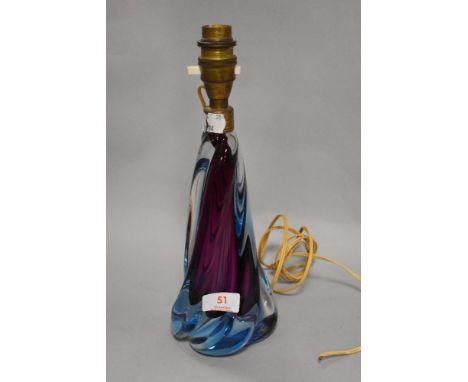A mid century Italian Murano glass lamp base in purple and blue glass. 30cm tall.
some wear marks to base otherwise good cond