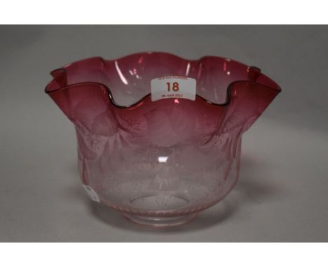 A Victorian Ruby glass fade oil lamp shade with finely etched detail of flowers. No chips or damage.