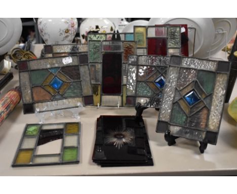 Seven small sized leaded light window panes 14cm x 19cm with six cut ruby glass window panes 11cm x 22cm.