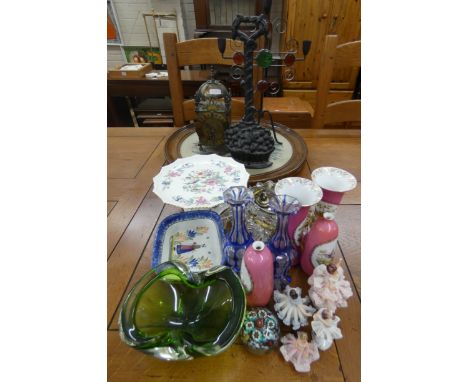 Iron door stop, lantern clock, tapestry panel, decorative glassware to include a millefiore paperweight 