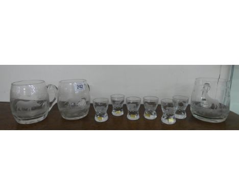 Rowland Ward engraved pipe tankards and a set of engraved liquor glasses all with big game decoration 