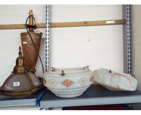 Two retro ceiling shades, one ceiling light fitting and one lamp 