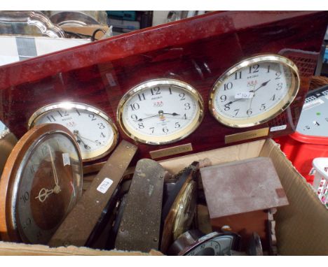A large box of clocks, clock parts, a Cuckoo clock, triple clock etc 