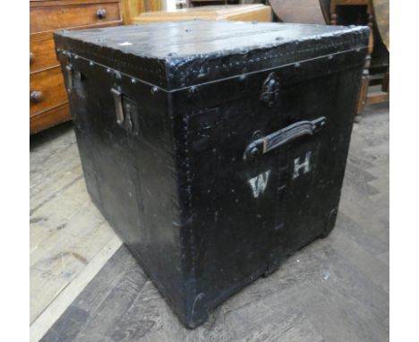 A vintage iron bound silver trunk 