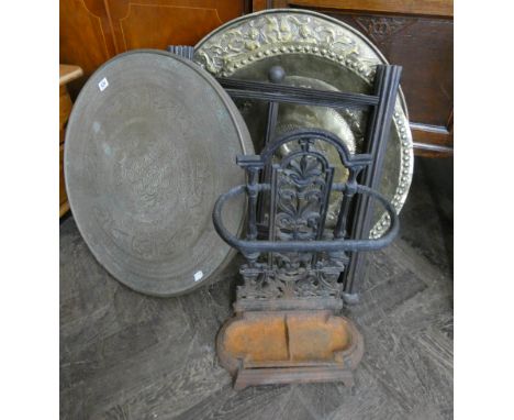 Benares trade top table with folding base, Victorian style stick stand and two brass plaques 