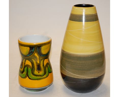 A Kilrus Ceramics Ltd studio vase of tapered cylindrical form on a yellow, green and black ground, together with one other Po