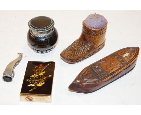 A novelty treen pincushion in the form of a shoe, a carved treen snuff box, silver cigar cutter, a Consul pocket cigarette li