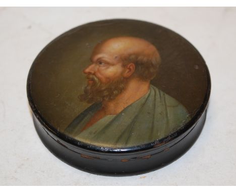 A George III black lacquered snuff-box, the lid painted with a portrait of Socrates    Condition Report / Extra Information  