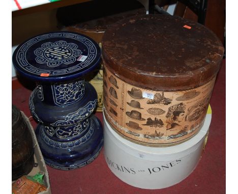 An early 20th century ceramic jardinere stand together with various modern hat boxes