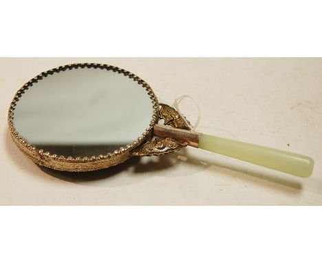 A Chinese filigree worked white metal, porcelain inset and celadon jade handled vanity mirror   Condition Report / Extra Info