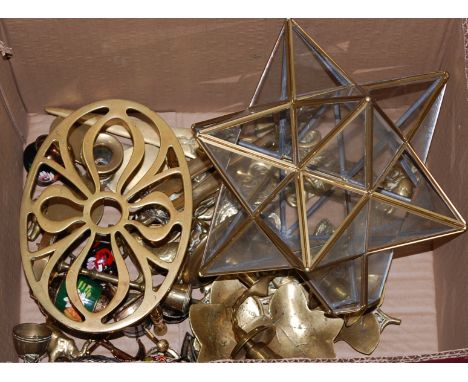 Two boxes of miscellaneous metalwares to include; star shaped ceiling light pendant, brass trivet, silver plated candelabra e