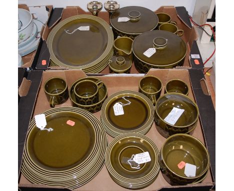 A Hornsea Heirloom pattern part tea and dinner service together with a pair of silver plated spill vases
