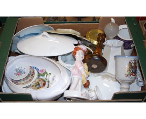 A box of miscellaneous china to include; Carltonware figure of Mabel Lucy Atwell, Elizabeth II silver jubilee goblet etc 