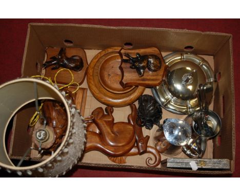 A box of miscellaneous items to include carved wooden figural table lamp, silver plated muffin dish, loose flatwares