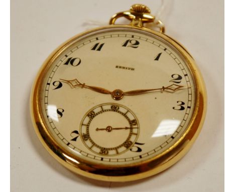 A Zenith 18ct gold cased gents open face pocket watch having a signed silver dial, subsidiary seconds dial, keyless movement,