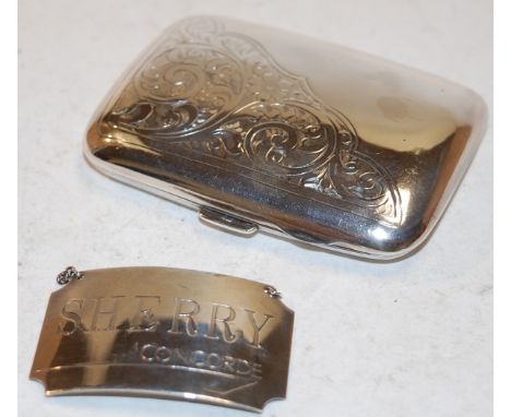 A silver pocket cigarette case together with a modern commemorative silver decanter collar for Concord (2)