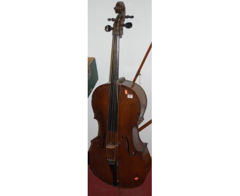 A mid 20th century cello with bow   Condition Report / Extra Information  Overall length 136cm.Soundbox length 74cm.Break to 